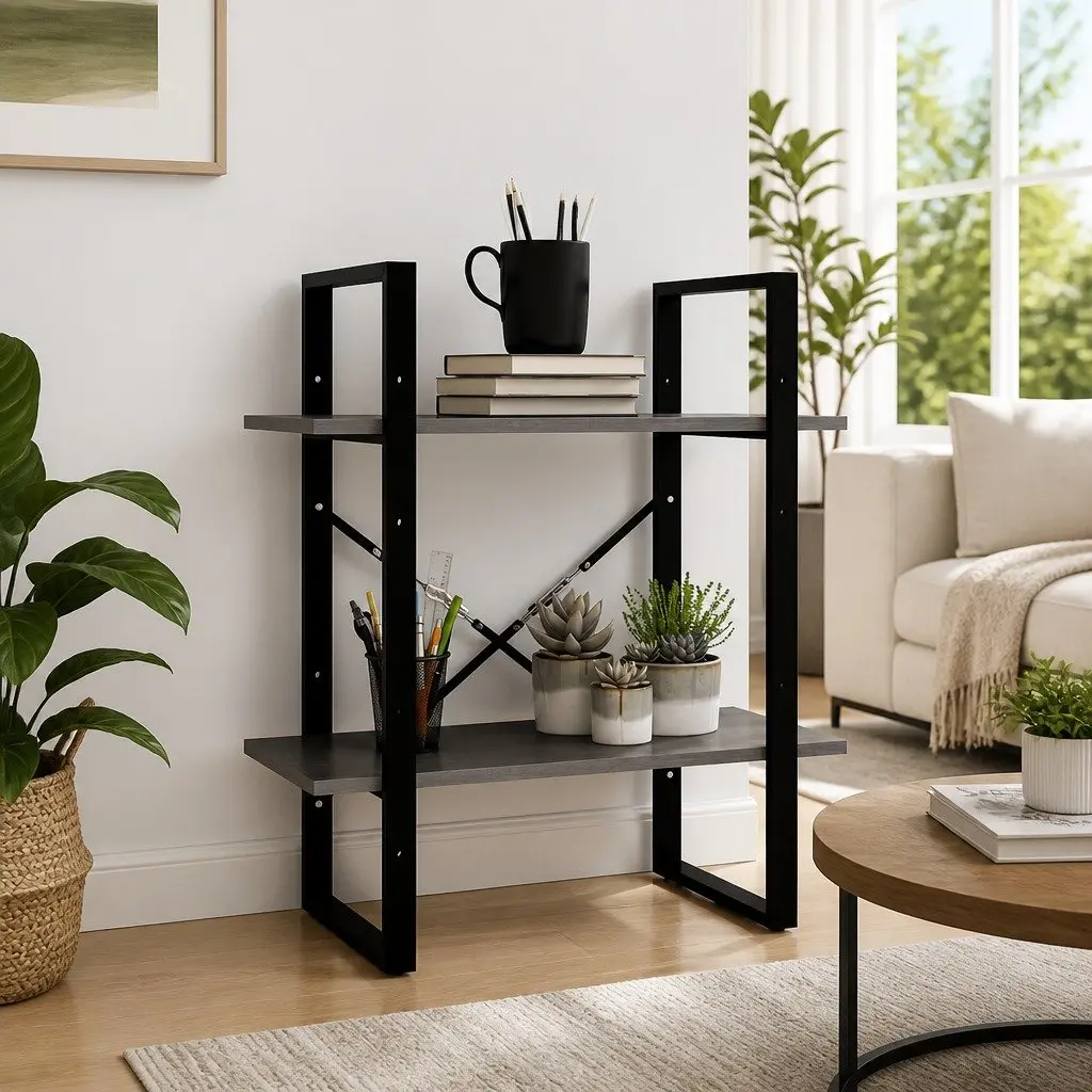 2-Tier Book Cabinet Grey Solid Pine Wood Standing Bookshelf Storage Shelves