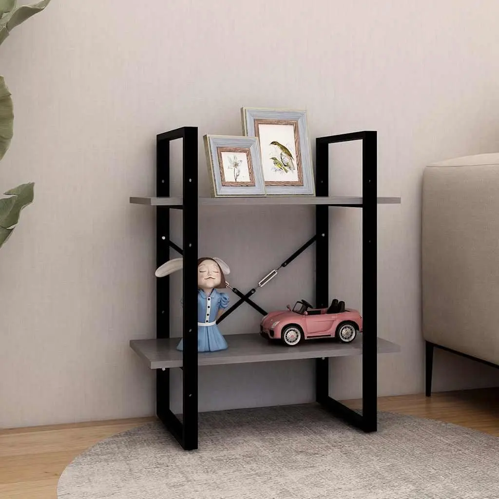 2-Tier Book Cabinet Grey Solid Pine Wood Standing Bookshelf Storage Shelves