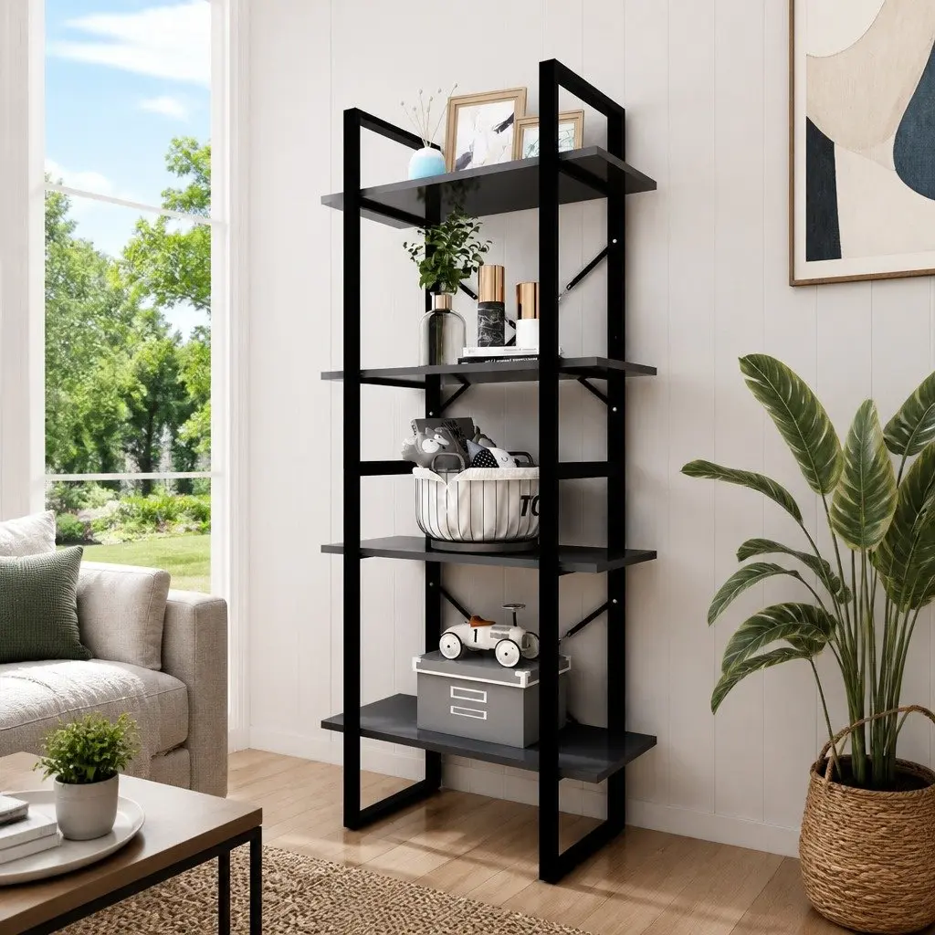 4-Tier Book Cabinet Grey Industrial Style 60x30x140cm Engineered Wood