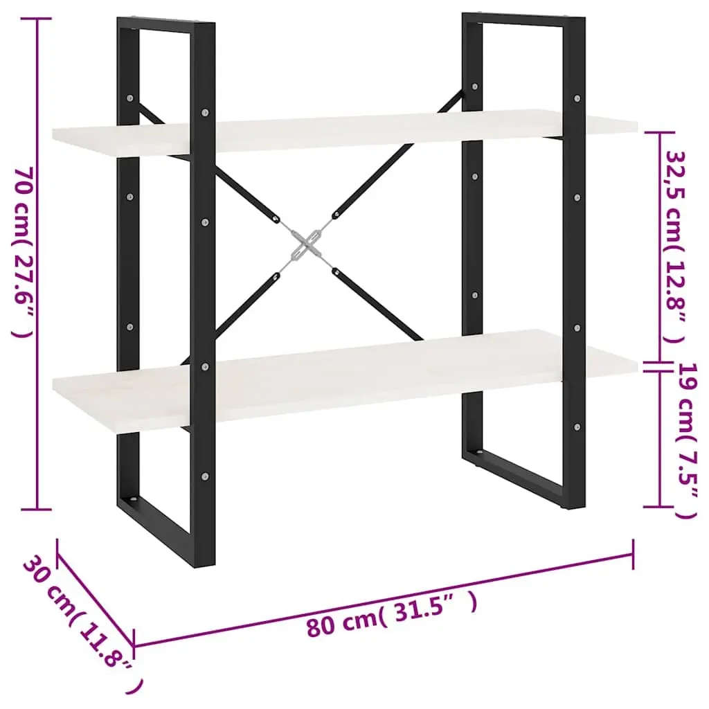 Bookcase White Solid Pinewood 2-Tier Storage Display Shelf Unit 80x30x70cm