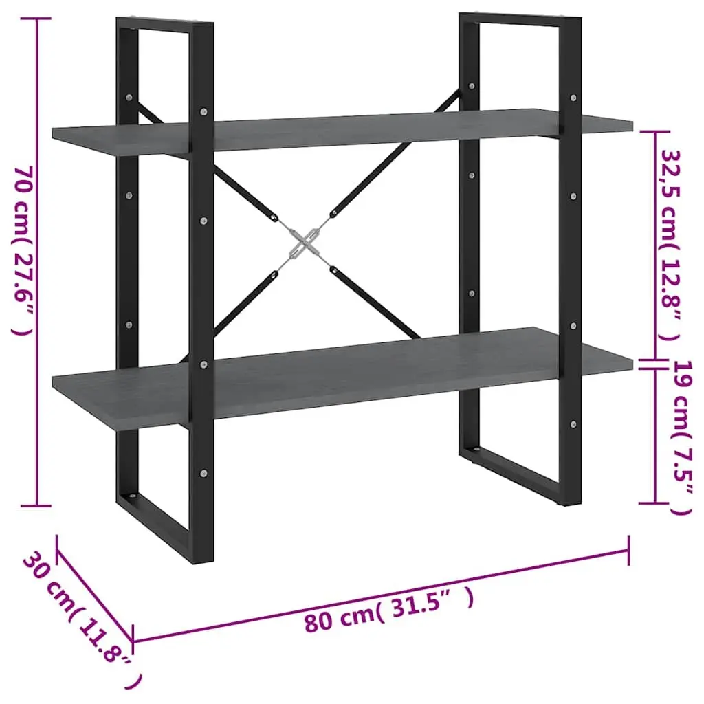 2-Tier Book Cabinet Grey Solid Pine Wood Shelving Unit Storage Bookcase