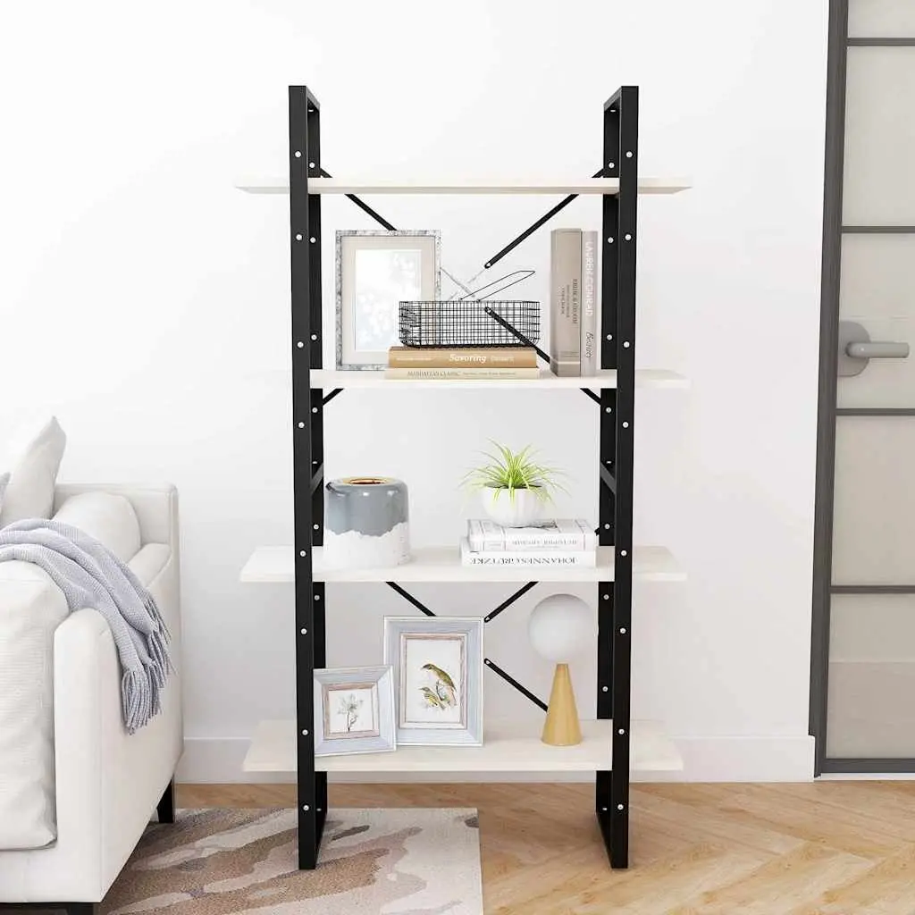 White Solid Pine Wood 4-Tier Bookshelf Storage Unit