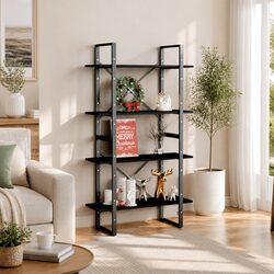 4-Tier Black Pine Wood Book Cabinet for Living Spaces