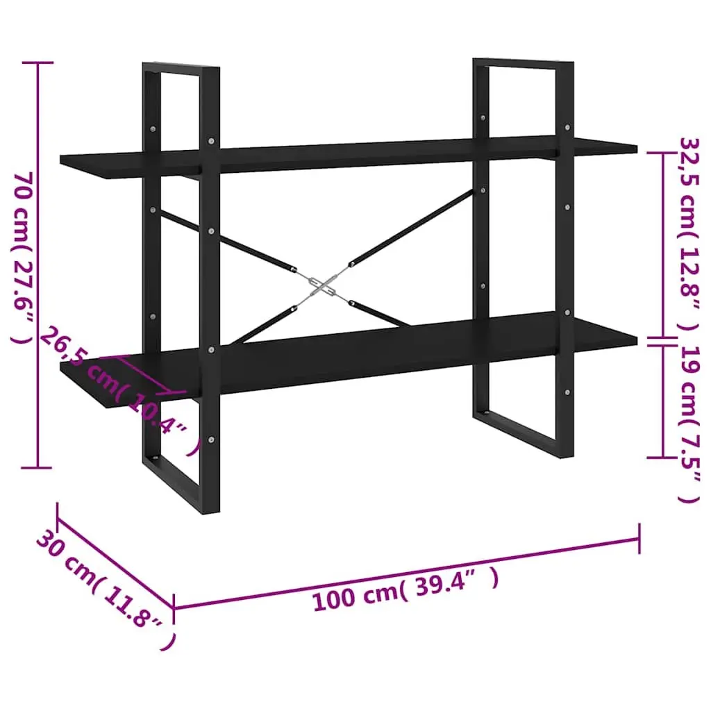 2-Tier Book Cabinet Black Engineered Wood Storage Bookcase Shelving Unit