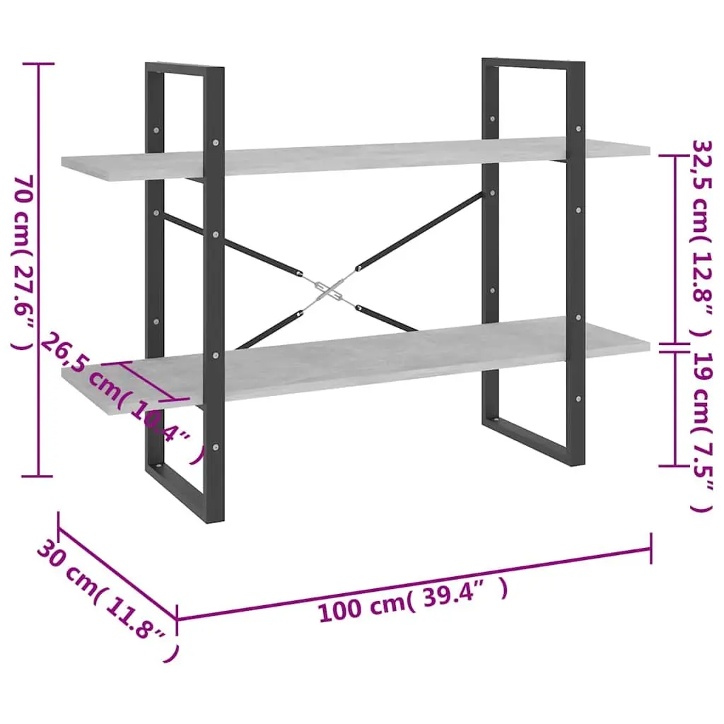 Book Cabinet Grey 100x30x70 cm Engineered Wood 2-Tier Storage Shelving Unit