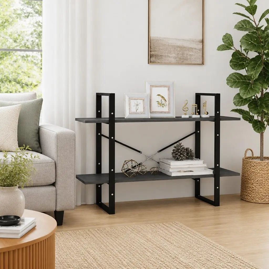 2 Tier Bookshelf Grey Industrial Solid Pine Wood Storage Display Unit