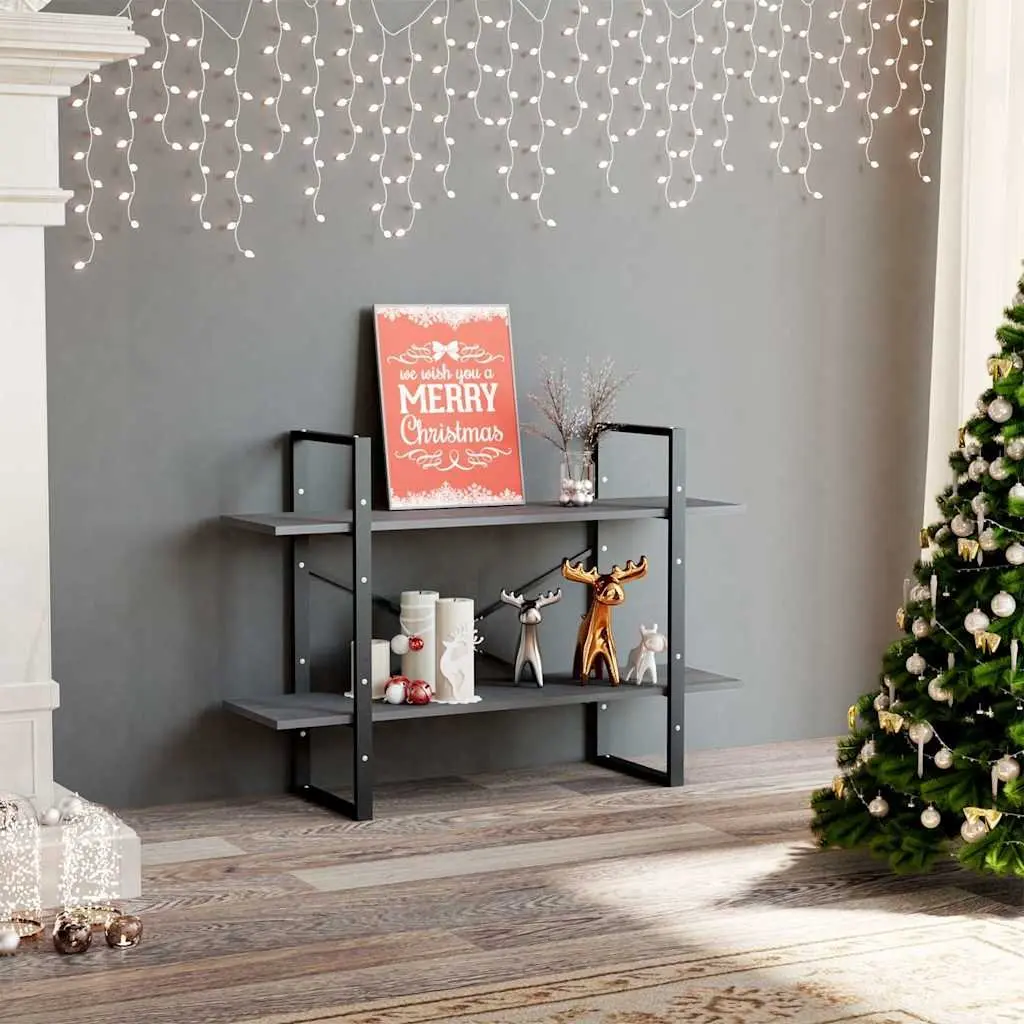 2 Tier Bookshelf Grey Industrial Solid Pine Wood Storage Display Unit