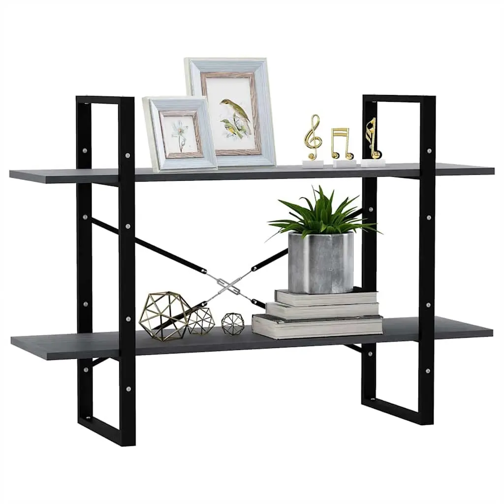 2 Tier Bookshelf Grey Industrial Solid Pine Wood Storage Display Unit