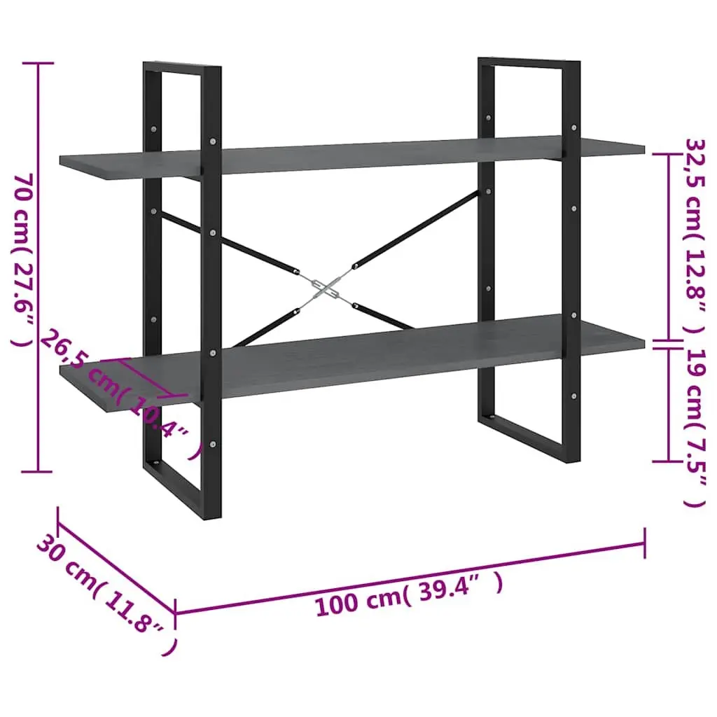 2 Tier Bookshelf Grey Industrial Solid Pine Wood Storage Display Unit