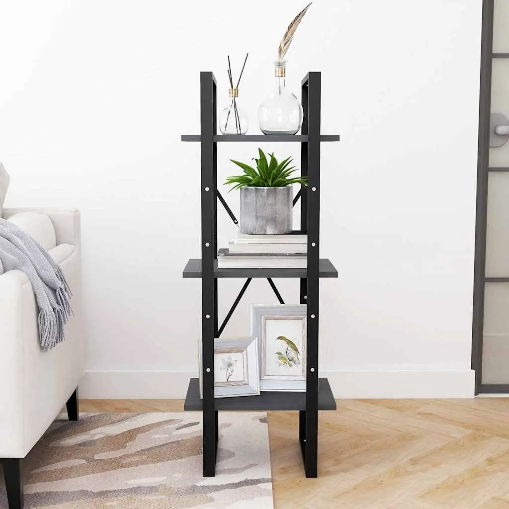 3-Tier Book Cabinet Grey Solid Pinewood Shelving Unit Standing Display Storage Bookcase