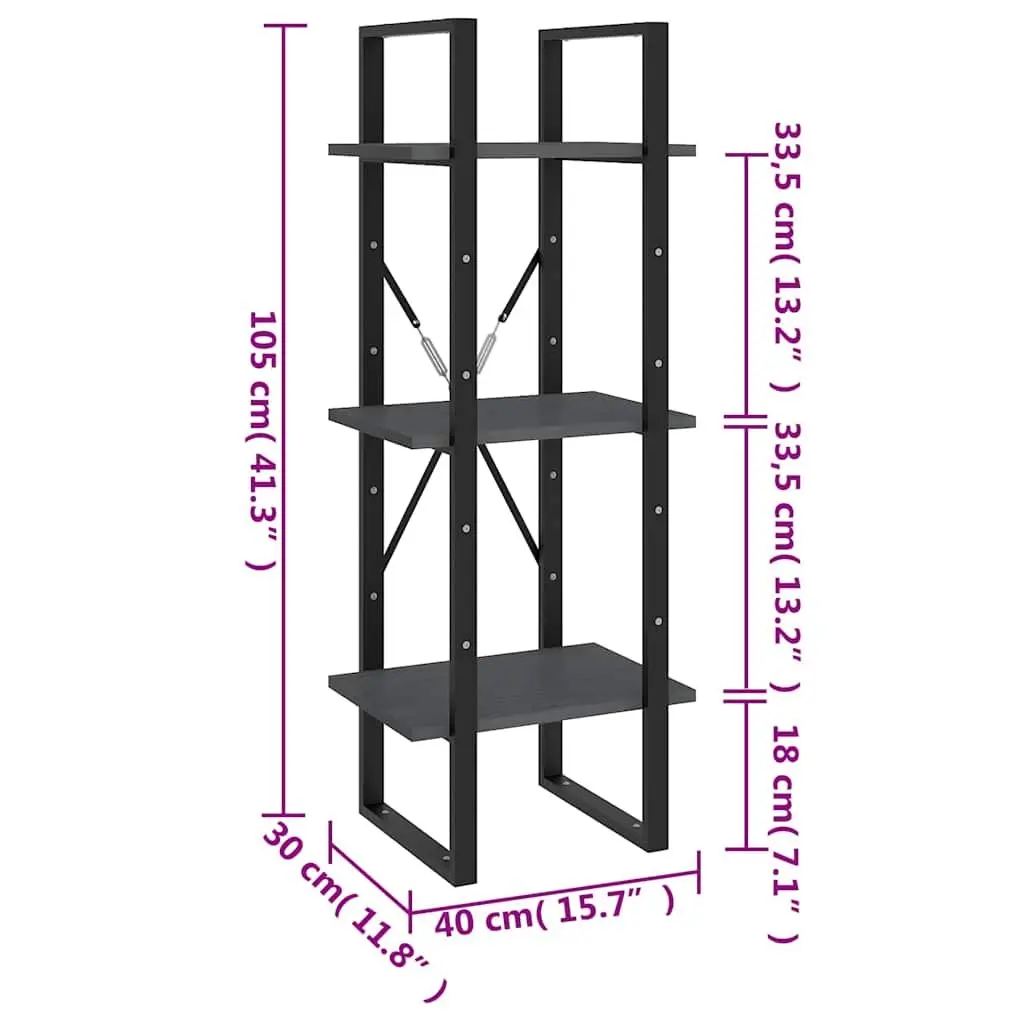 3-Tier Book Cabinet Grey Solid Pinewood Shelving Unit Standing Display Storage Bookcase
