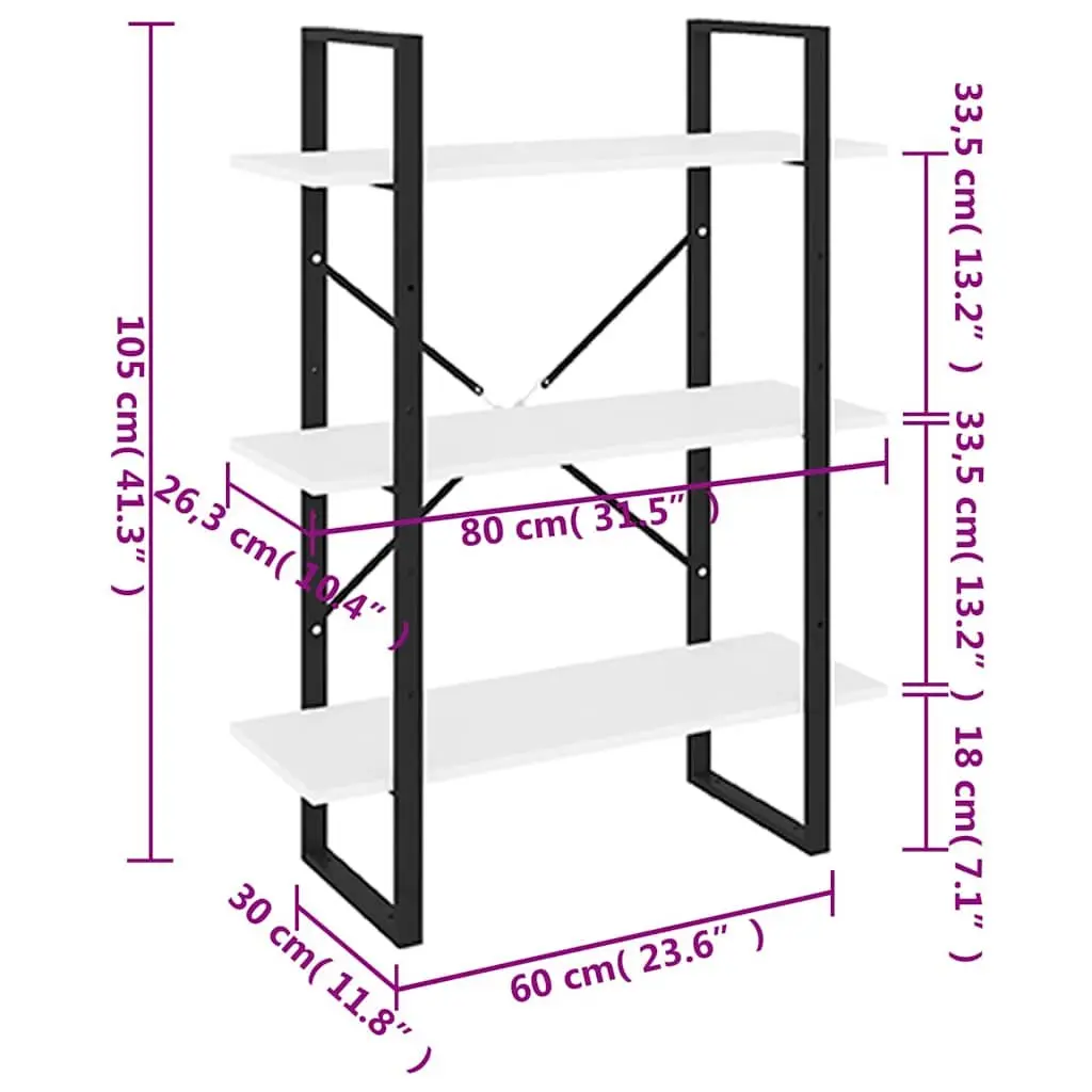 White Book Cabinet Shelving Unit 3 Shelves Engineered Wood and Metal Frame