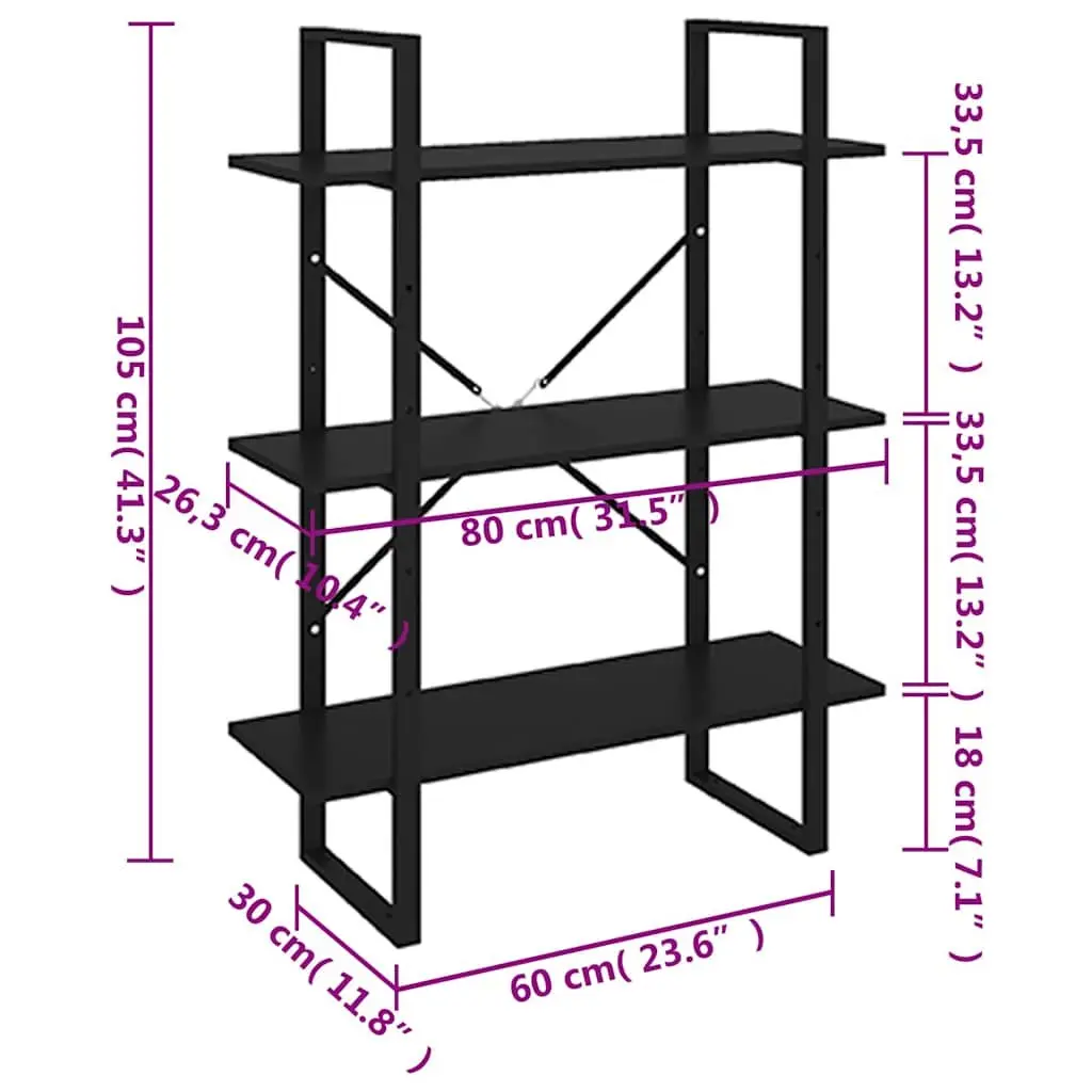Book Cabinet Black 3 Shelf Storage Shelving Unit Engineered Wood and Metal Frame