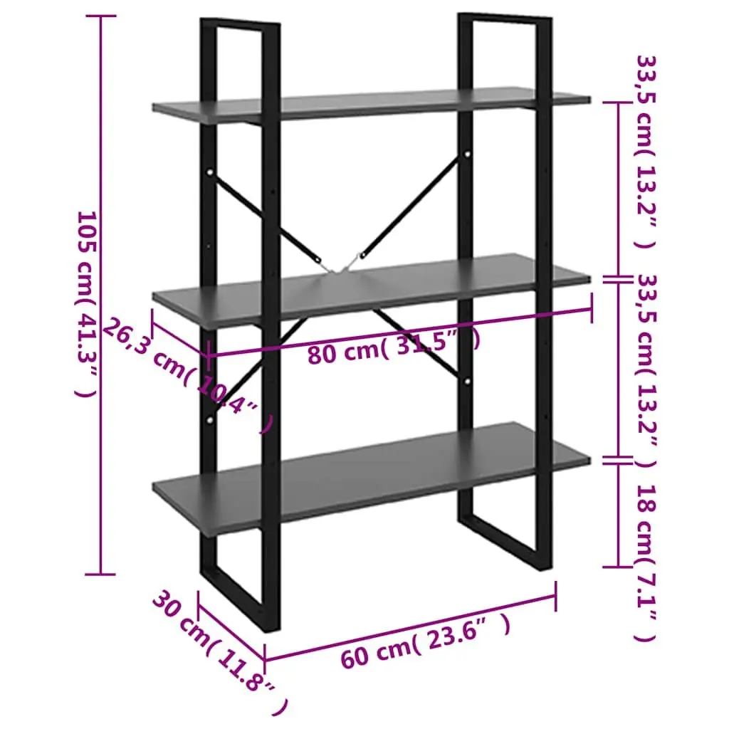 Book Cabinet Grey Engineered Wood and Metal 80W x 30D x 105H cm Storage Shelving Unit