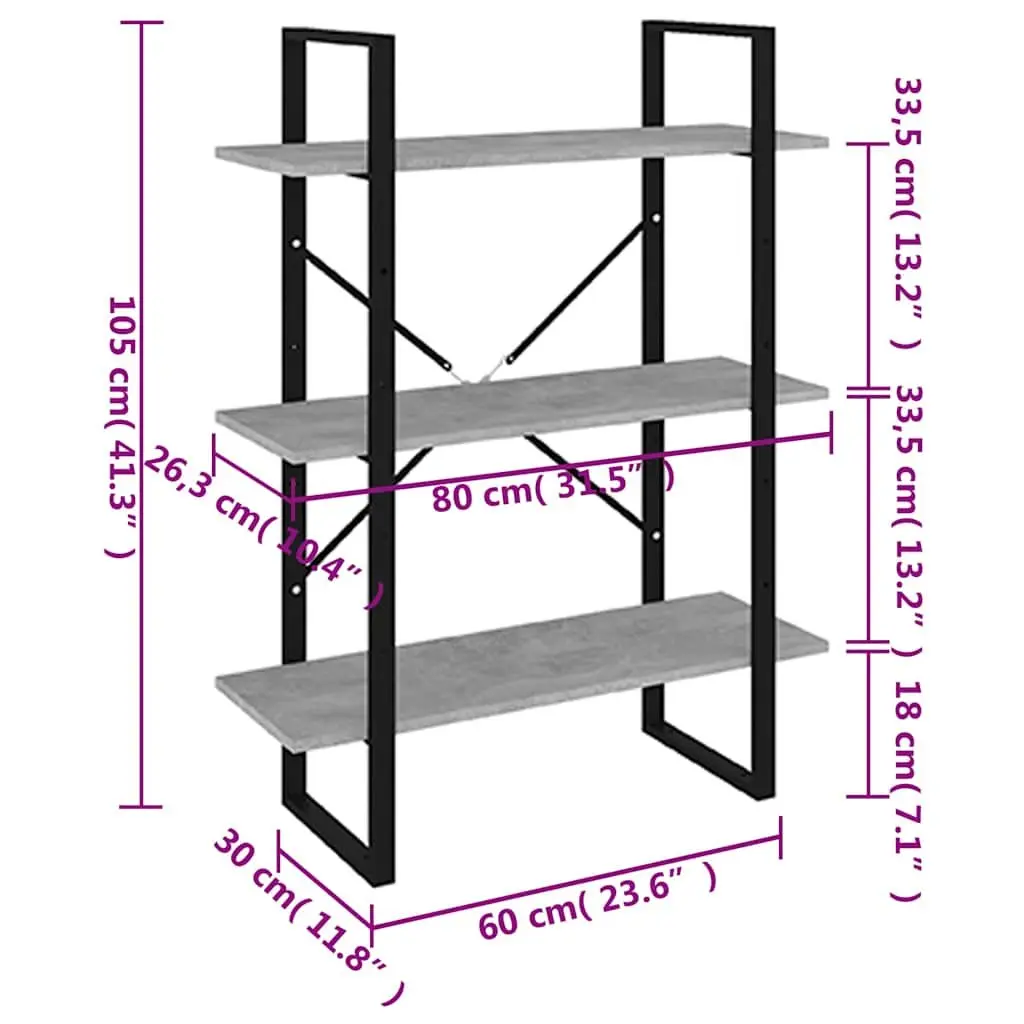 Book Cabinet Grey Concrete Style 3 Shelves Engineered Wood Storage Unit