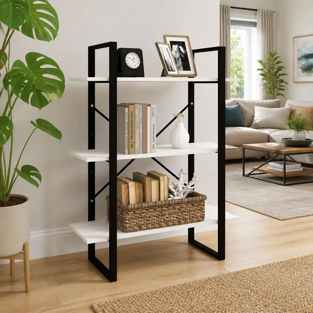 3-Tier Book Cabinet White Solid Pine Wood Industrial Style Shelving Unit
