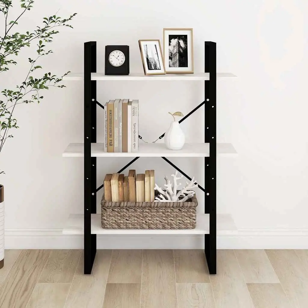 3-Tier Book Cabinet White Solid Pine Wood Industrial Style Shelving Unit