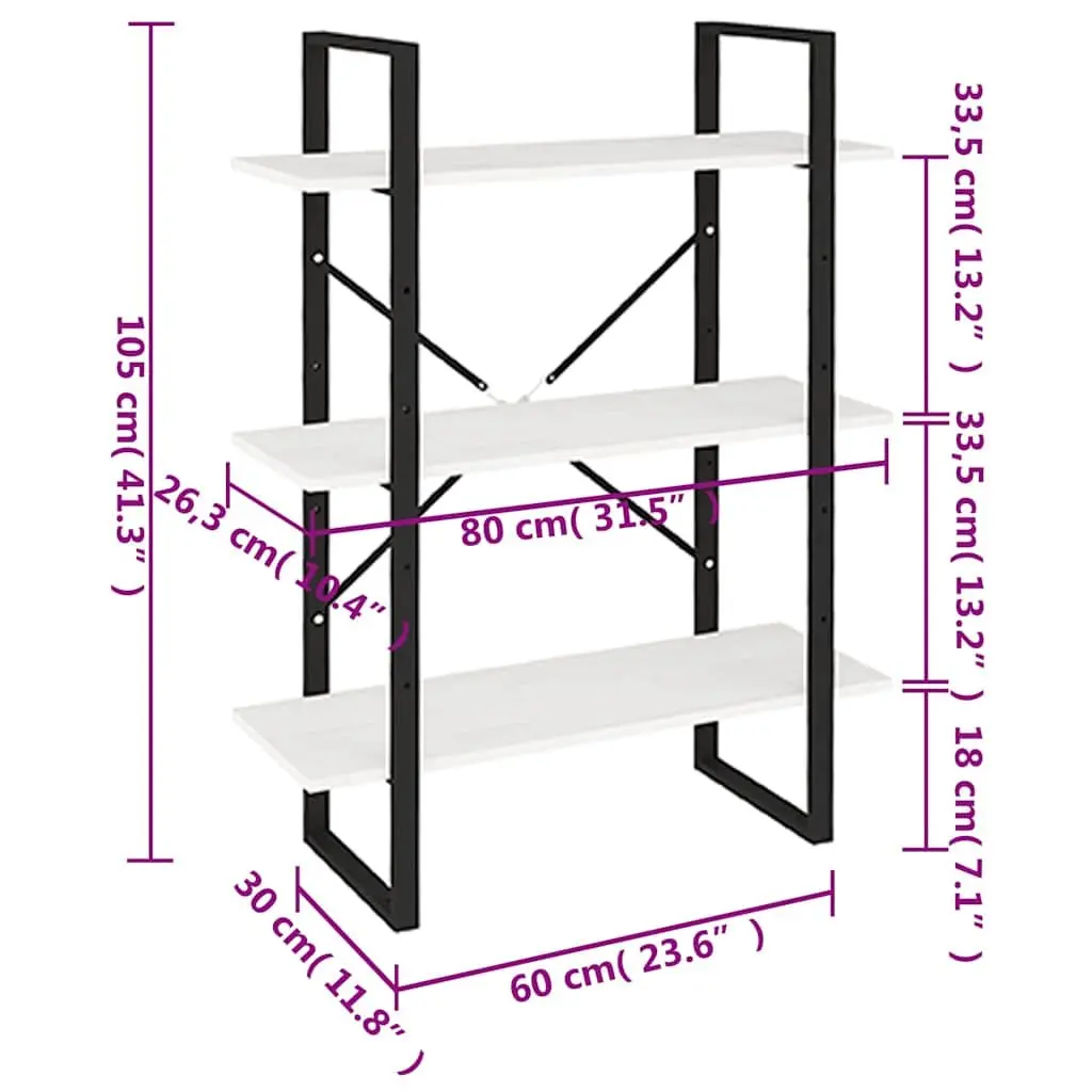 3-Tier Book Cabinet White Solid Pine Wood Industrial Style Shelving Unit