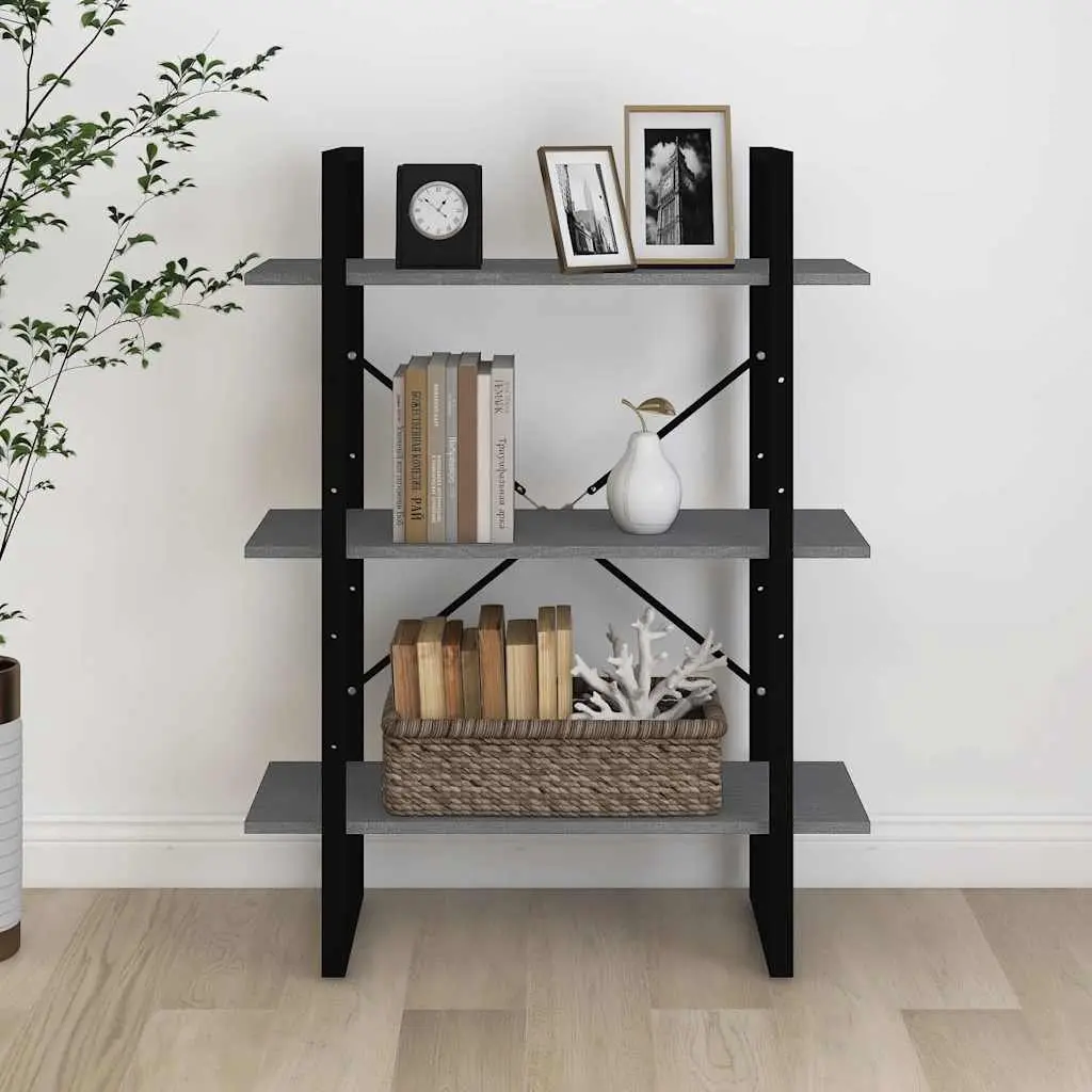 3-Tier Wooden Book Cabinet Grey Solid Pine Wood Storage Shelving Unit