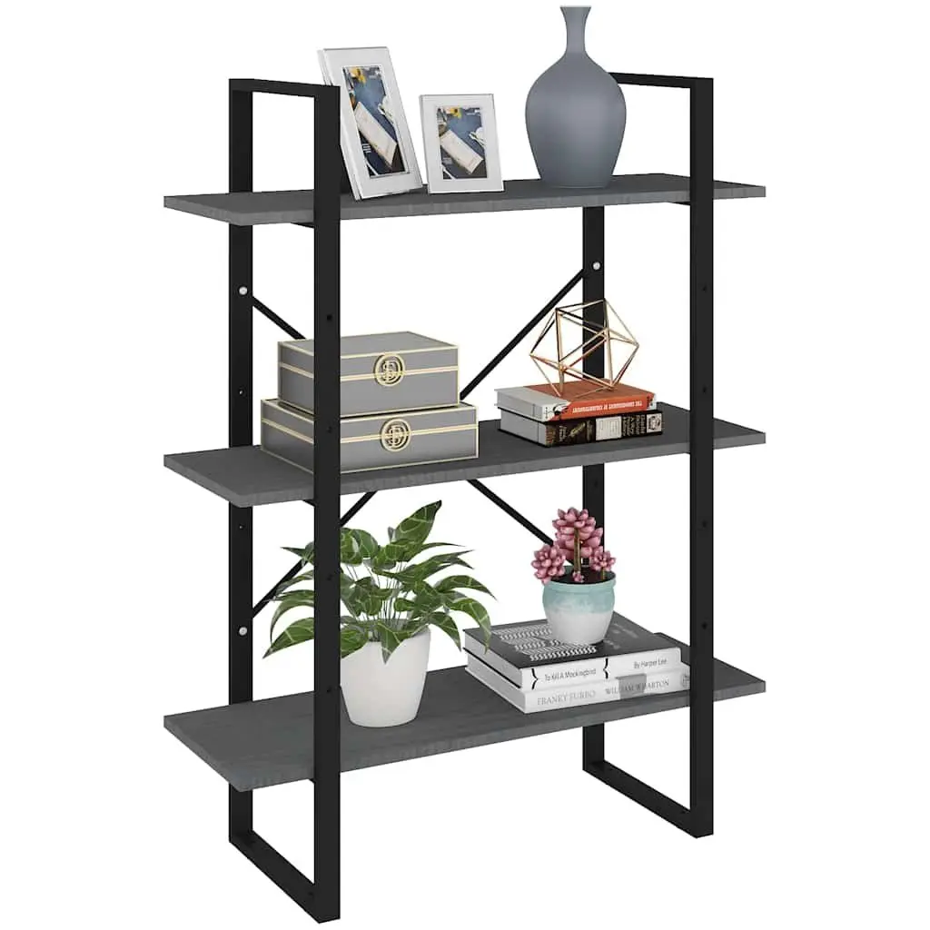 3-Tier Wooden Book Cabinet Grey Solid Pine Wood Storage Shelving Unit