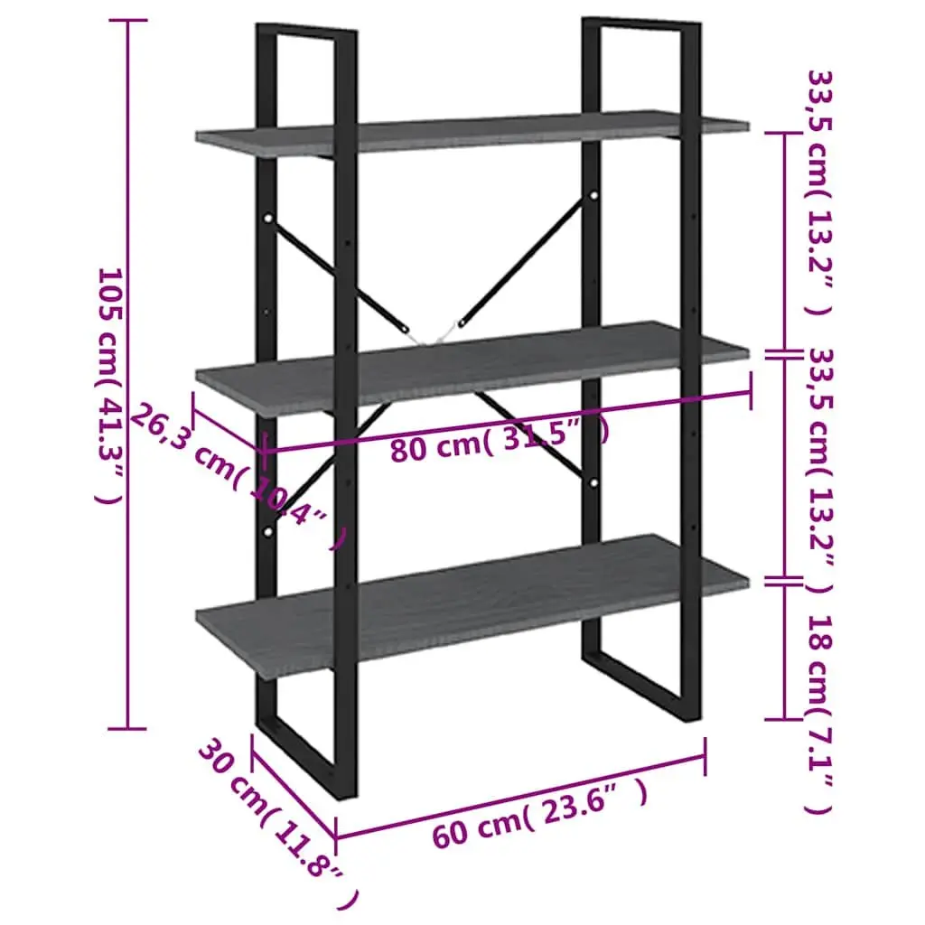 3-Tier Wooden Book Cabinet Grey Solid Pine Wood Storage Shelving Unit
