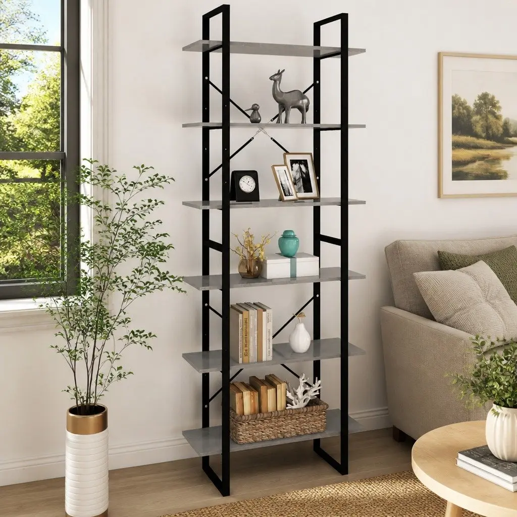 High Cabinet Grey Storage Bookcase Shelving Unit Engineered Wood Industrial Look 6 Shelves