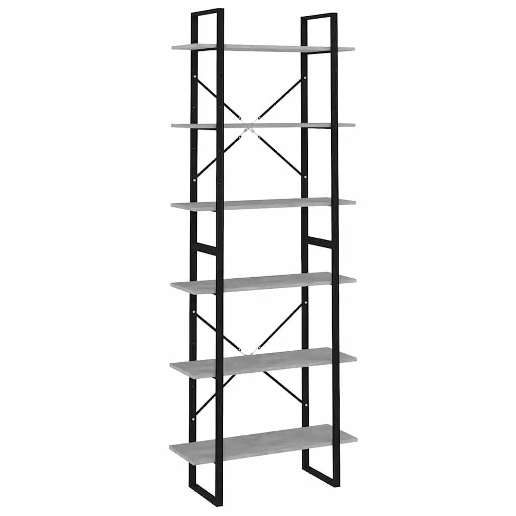 High Cabinet Grey Storage Bookcase Shelving Unit Engineered Wood Industrial Look 6 Shelves
