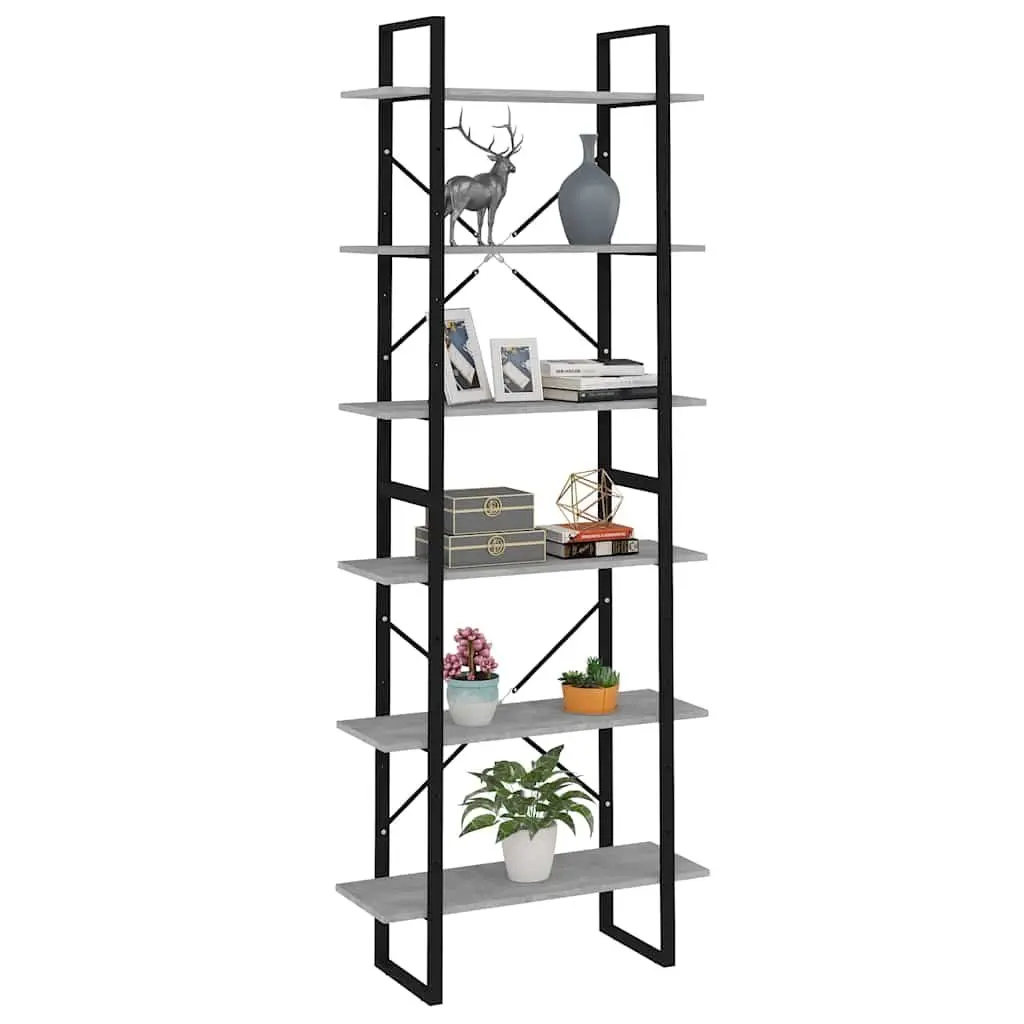 High Cabinet Grey Storage Bookcase Shelving Unit Engineered Wood Industrial Look 6 Shelves