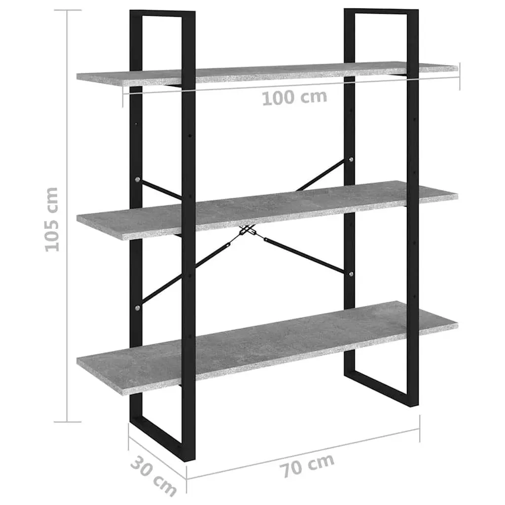 Storage Unit Bookshelf Grey Engineered Wood Industrial Style 3 Shelves 105cm Height 100cm Width 30cm Depth