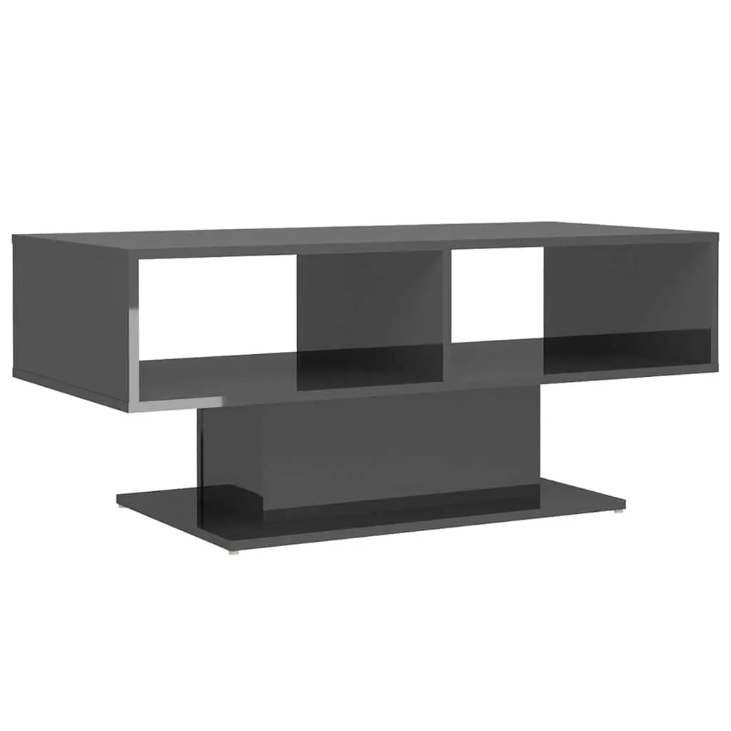 Coffee Table High Gloss Grey Engineered Wood Storage Shelf 103.5 x 50 x 44.5 cm