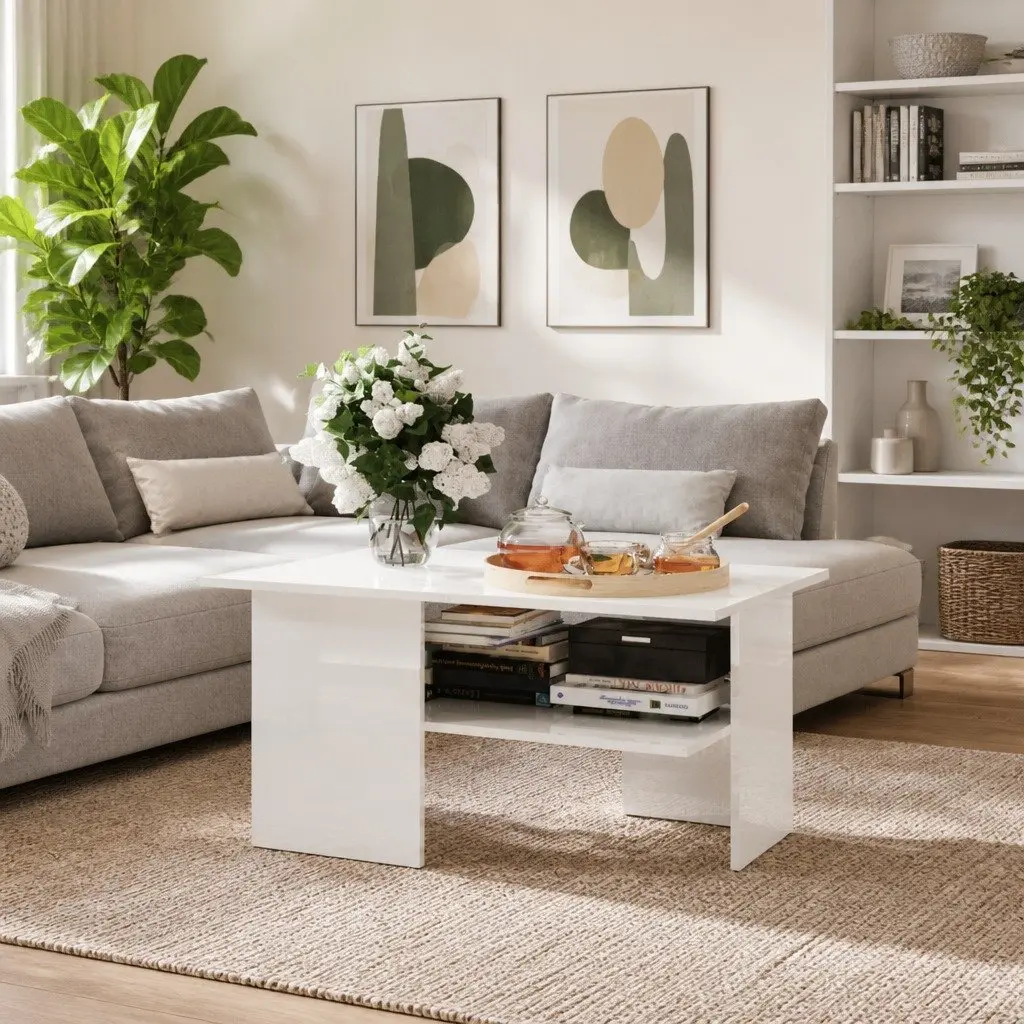 Coffee Table High Gloss White Storage Shelf Modern Engineered Wood 90L x 60W x 46.5H cm