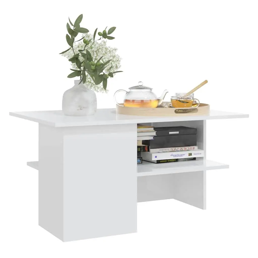 Coffee Table High Gloss White Storage Shelf Modern Engineered Wood 90L x 60W x 46.5H cm