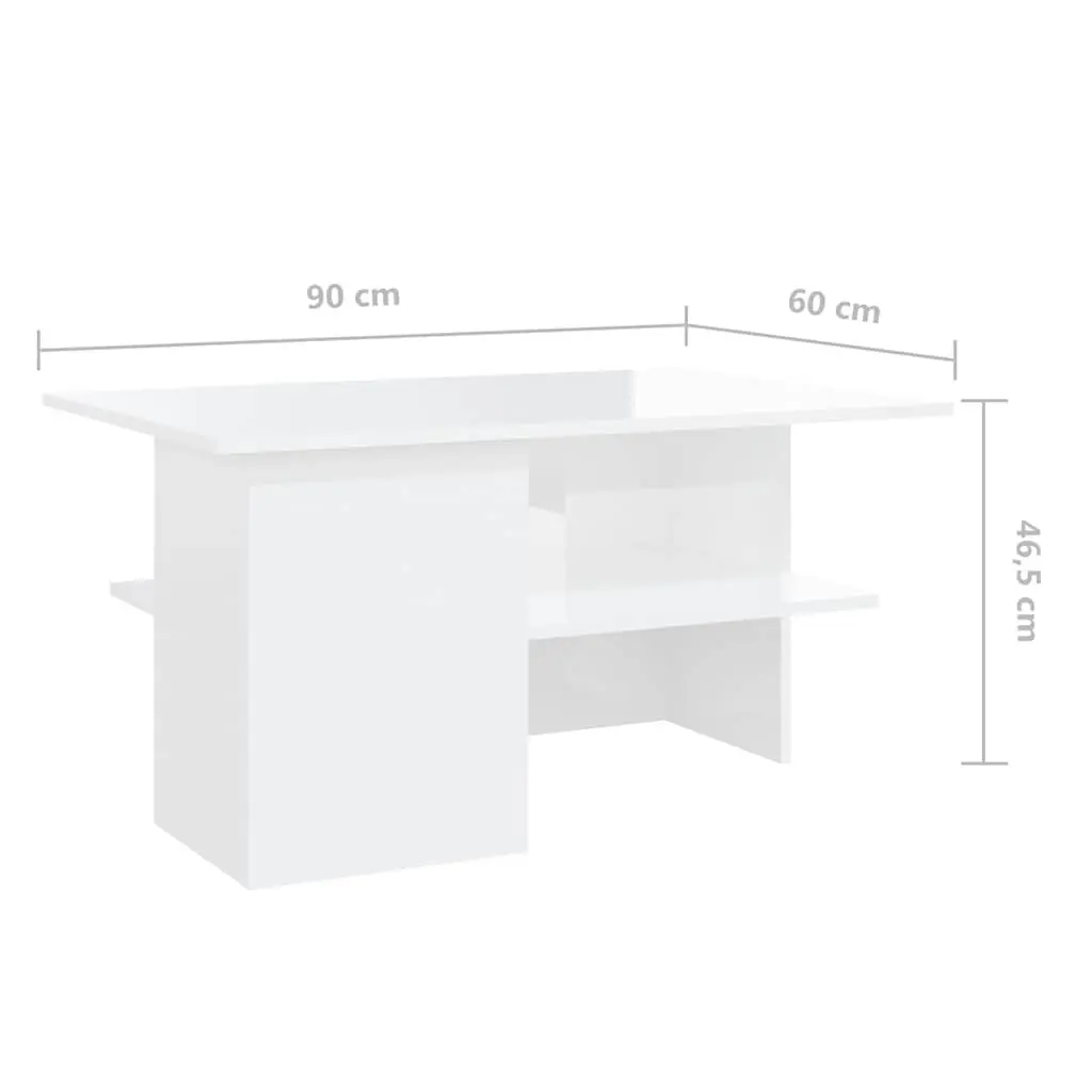 Coffee Table High Gloss White Storage Shelf Modern Engineered Wood 90L x 60W x 46.5H cm