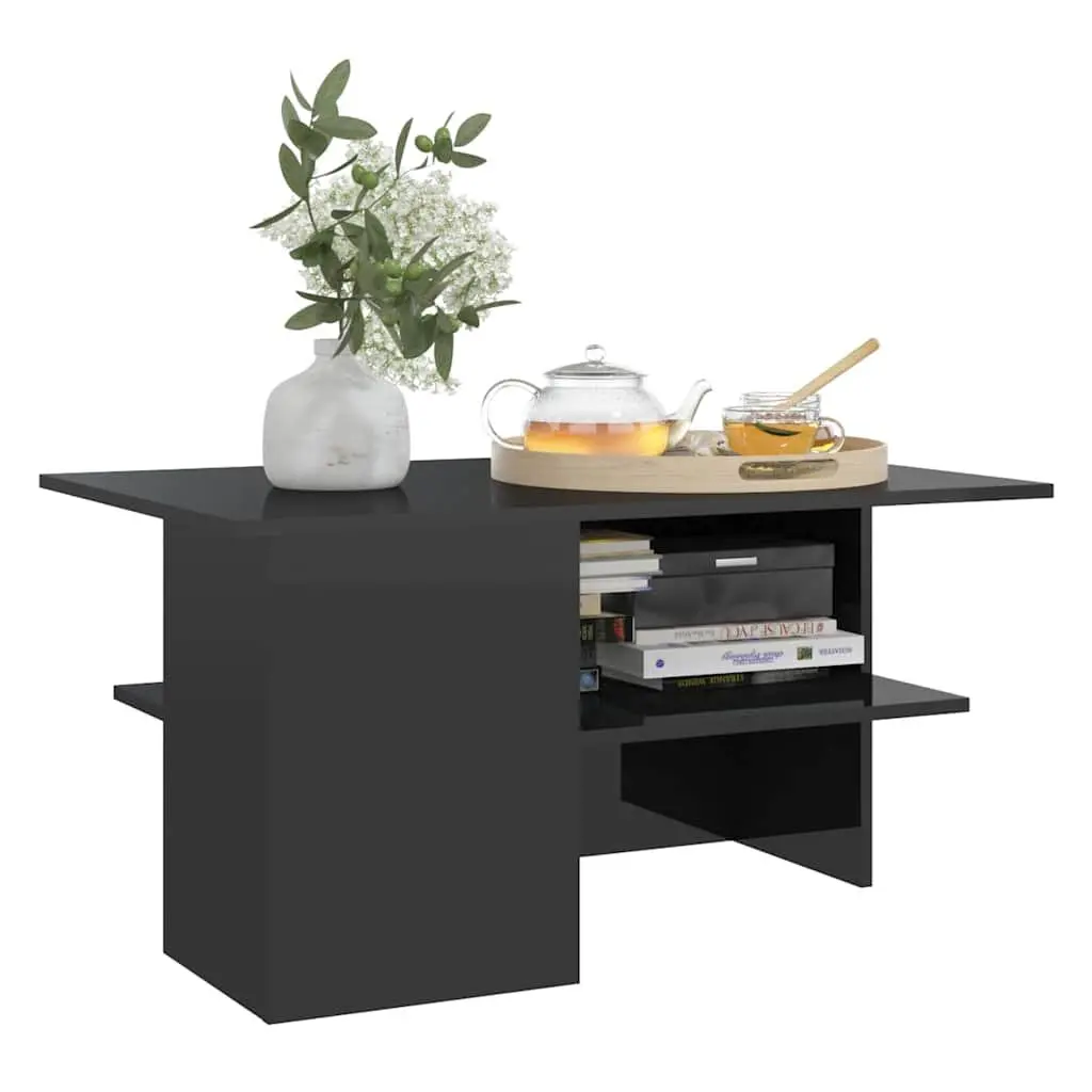 Coffee Table High Gloss Black 90cm Engineered Wood Storage Shelf