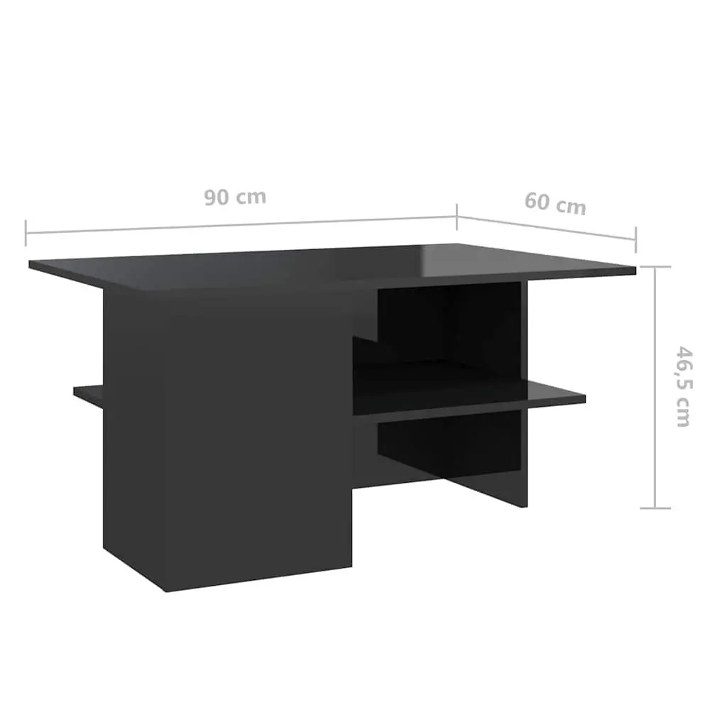 Coffee Table High Gloss Black 90cm Engineered Wood Storage Shelf