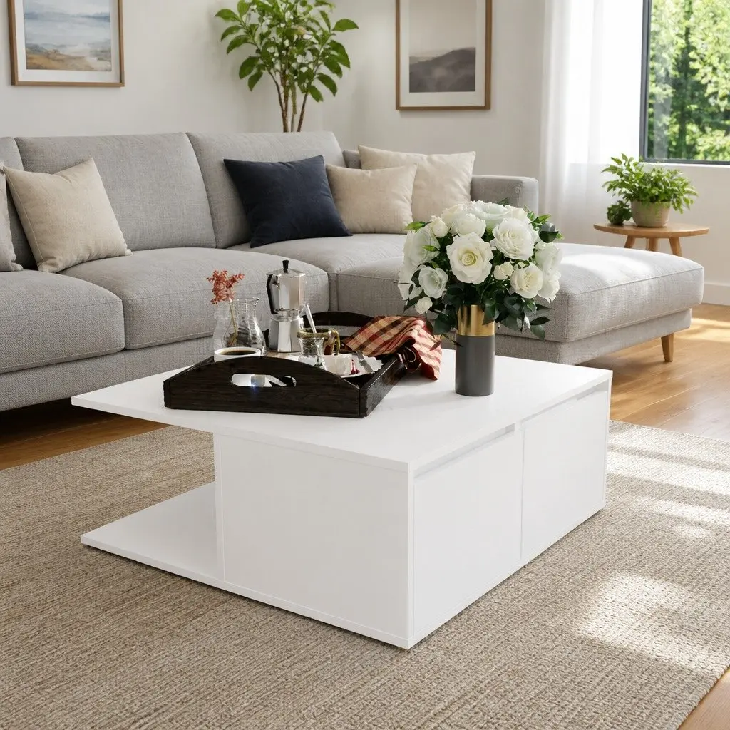 White Coffee Table with Storage for Living Room 80x80x31cm