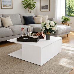 White Coffee Table with Storage for Living Room 80x80x31cm