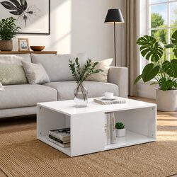 Modern White Coffee Table with 2 Shelves
