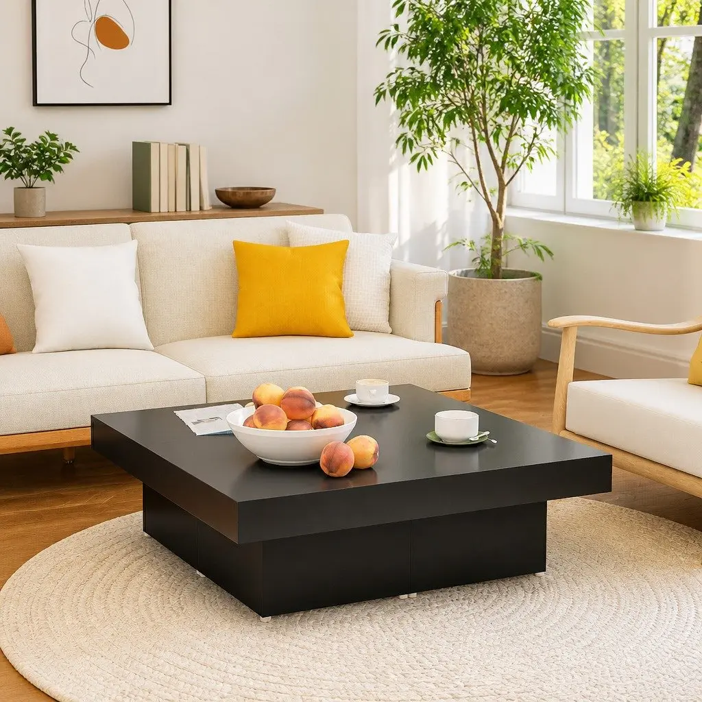 Coffee Table Black Square Living Room Accent Furniture Modern Design 90x90x28cm
