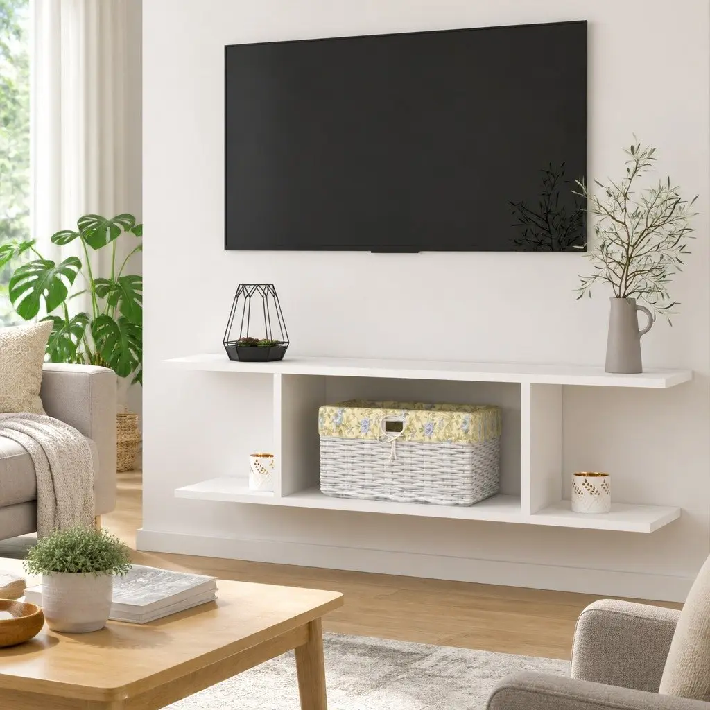 Wall Mounted TV Cabinet White Open Shelving Storage Unit 103 x 30 x 26.5 cm