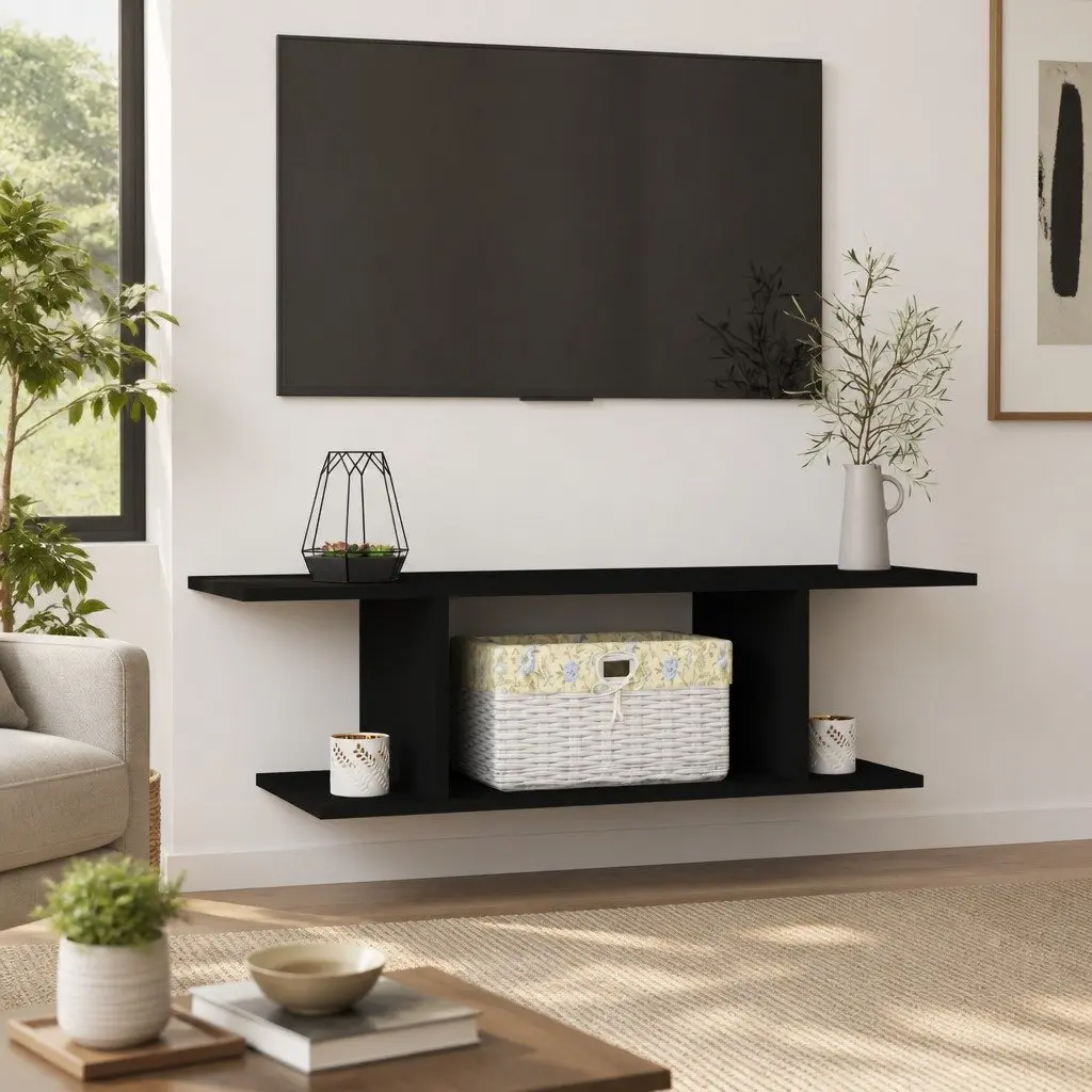 Wall Mounted TV Cabinet Black Floating Shelf Unit 103cm Wood