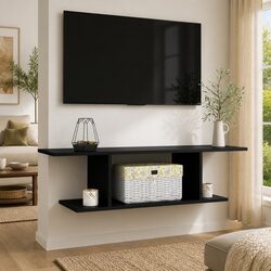 High Gloss Black Wall Mounted TV Cabinet with Open Shelf