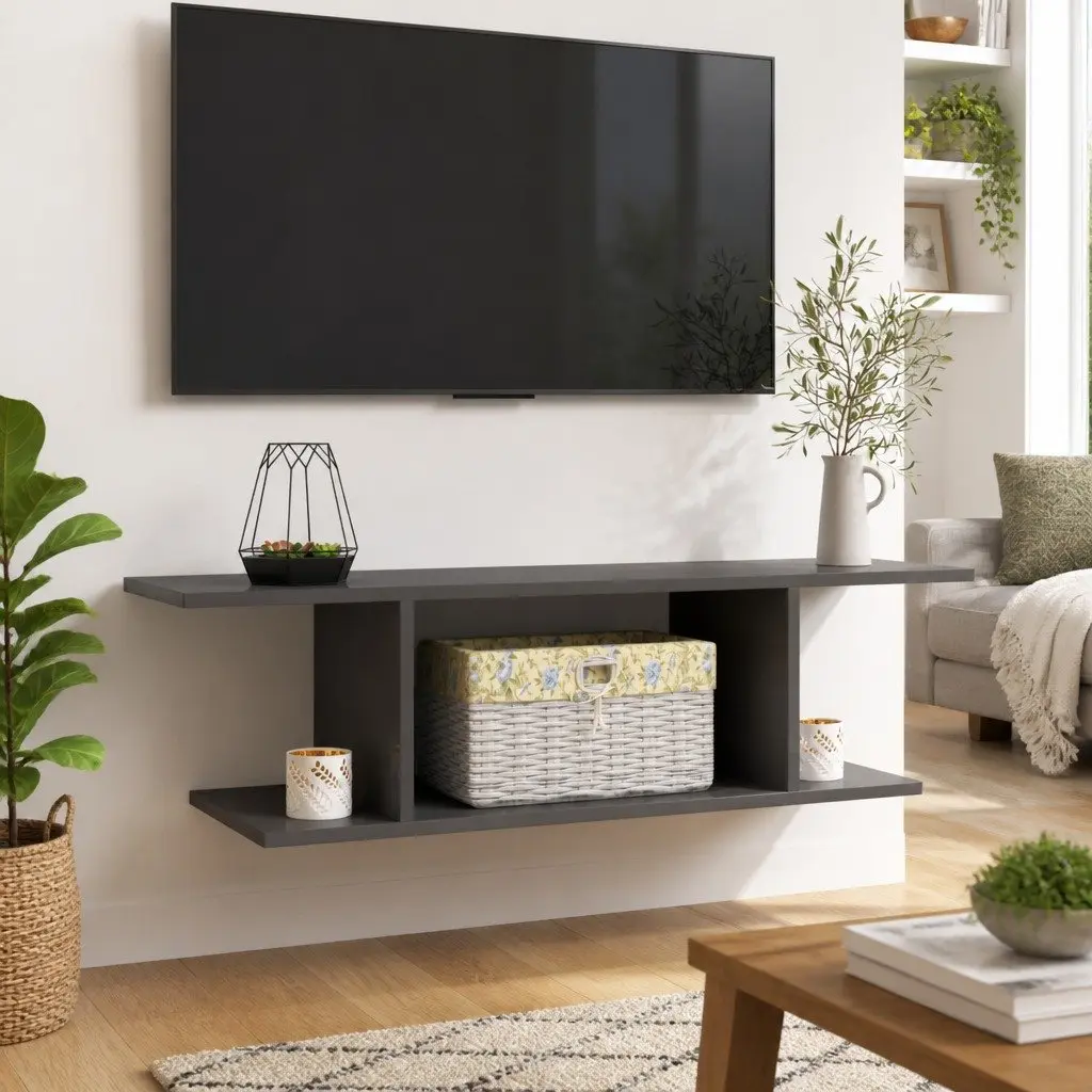 Wall Mounted TV Cabinet High Gloss Grey Storage Unit 103cm