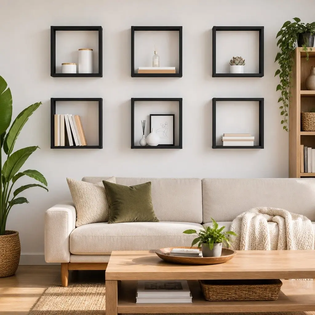 Wall Cube Shelves Set Grey Floating Storage Display Organizer 6 Piece