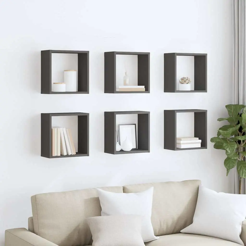 Wall Cube Shelves Set Grey Floating Storage Display Organizer 6 Piece