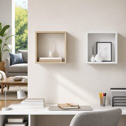 Floating Cube Shelves - Set of 2 in White Sonoma Oak