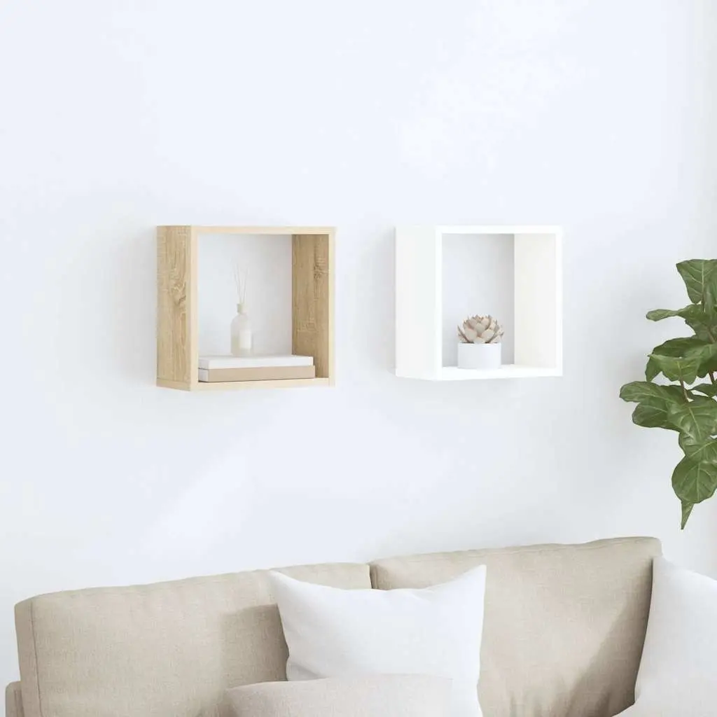 Wall Cube Shelves White Sonoma Oak Floating Storage Display Organizer 2 Pieces