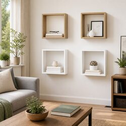 Set of 4 White Sonoma Oak Cube Shelves