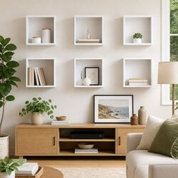 Set of 6 White Floating Cube Shelves for Home Decor