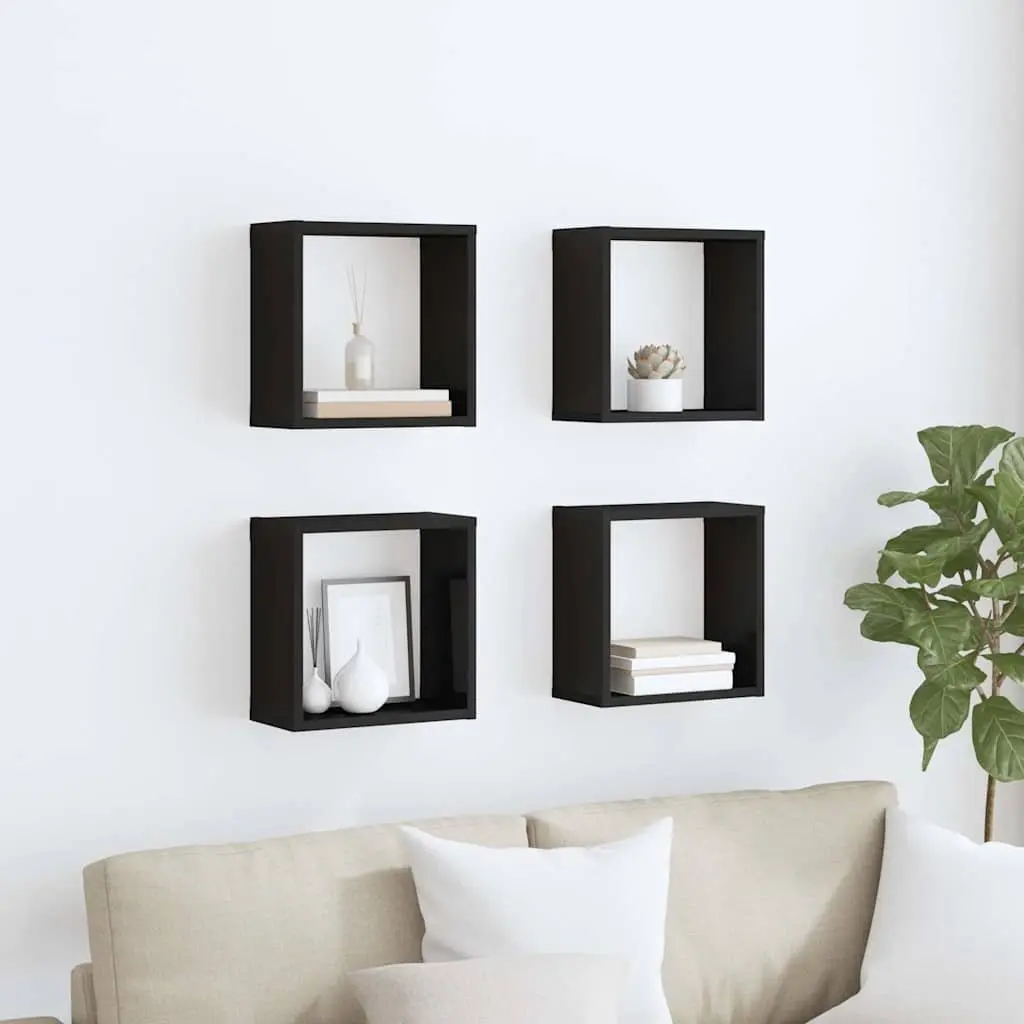Wall Cube Shelves Floating Storage Display Set Black High Gloss 30 x 15 x 30 cm Wood